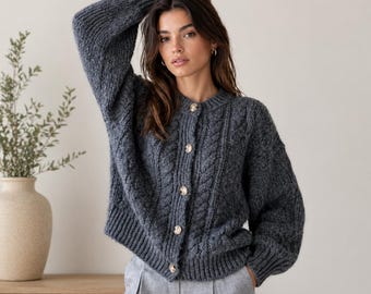 Chunky Cable Knit Cardigan, Oversized Button Sweater, Cozy Fall Winter Cardigan, Beige Grey Brown