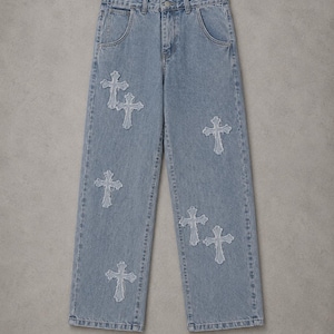 y2k jeans, baggy denim, cross jeans, streetwear pants, oversized jeans, grunge clothing, skater jeans, vintage denim, gothic jeans, wide leg jeans, unisex clothing, hip hop fashion, patchwork jeans