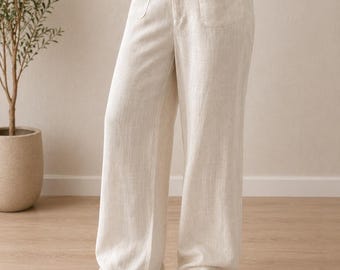 Women’s Linen Wide Leg Pants, High Waisted Palazzo Trousers, Loose Casual Summer Pants, Beige Minimalist Lounge Pants