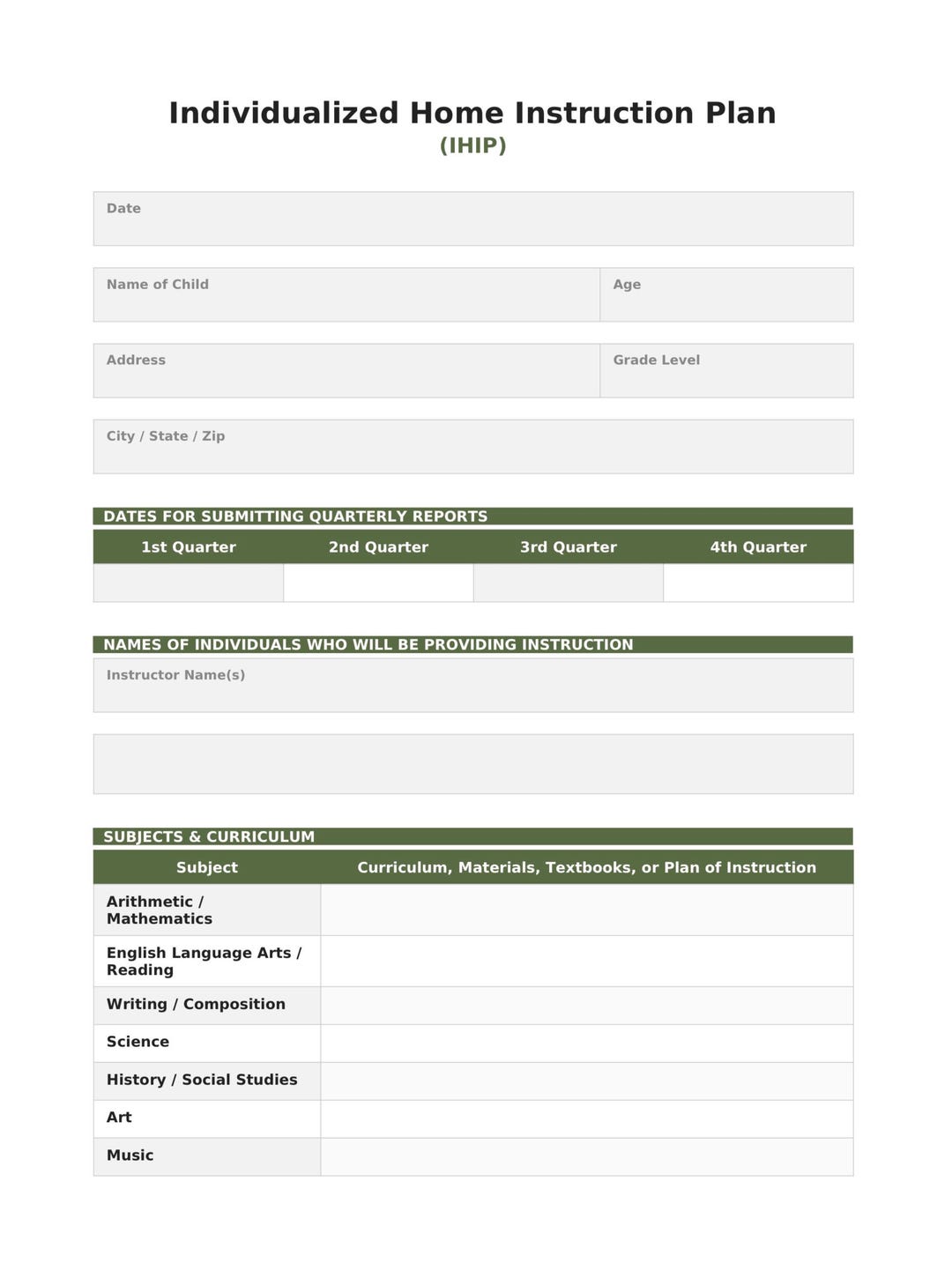 Ihip Examples NY Homeschool IHIP Template | Individualized Home Instruction Plan ...
