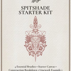 May include: A Charles Bury Spitshade Starter Kit package featuring a red line art illustration of a panther head pierced by a dagger, surrounded by flowers. Text includes 4 Essential Brushes, Starter Canvas, Construction Breakdown, Linework Example, and Spitshade Example.