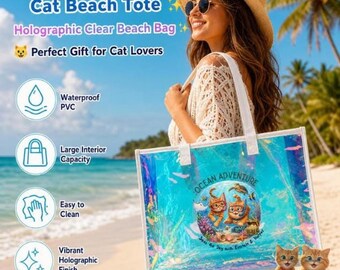 Holografische draagtas met oceaanavontuurdesign, iriserende PVC strandtas voor kattenliefhebbers