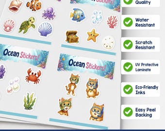 Stickervel met oceaankatten | Uitgesneden vinyl zeedieren voor waterflessen en laptops