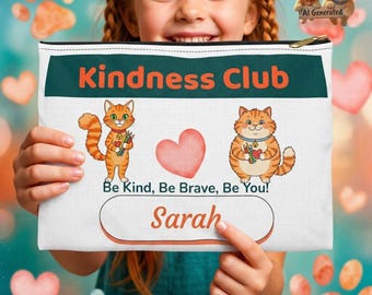 Gepersonaliseerd etui met ritssluiting voor kinderen, met een ontwerp van de Kindness Club-kat en de mogelijkheid om een eigen naam toe te voegen.