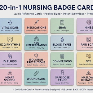 Puede incluir: Un paquete de 20 tarjetas de identificación para enfermería que incluye veinte tarjetas de referencia rectangulares de colores pastel. Cada tarjeta muestra un tema médico específico, como signos vitales, ritmos ECG, valores de laboratorio y cuidado de la diabetes, con iconos y texto.