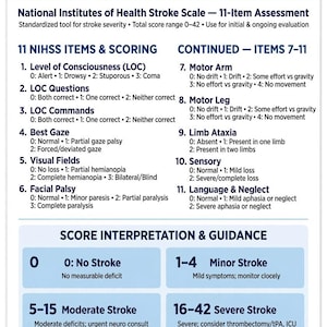 May include: A white and blue NIHSS stroke assessment reference card featuring 11 items for clinical evaluation. The card lists scoring criteria for level of consciousness, motor function, and sensory loss, alongside a score interpretation guide for stroke severity.
