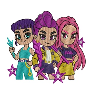May include: An embroidery design featuring three cartoon characters with vibrant hair colors. The left character has purple hair and teal clothing, the center has bright pink hair and a yellow jacket, and the right has long pink hair and a dark shirt.