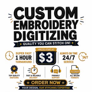 Custom Embroidery Digitizing Service | Logo Digitizing | DST PES All Formats | Professional Quality | Fast Turnaround