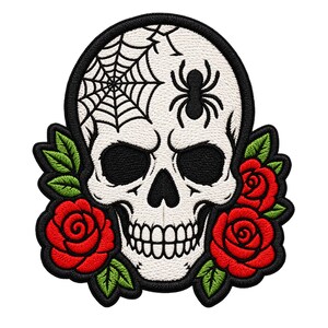 Toppa con teschio e rose e ragno / Toppa gotica ricamata da motociclista / Toppa ricamata termoadesiva per giacca