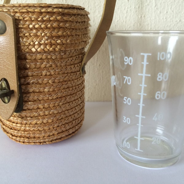 French Vintage Curist Spa Water Glass in Wicker Basket, Spa Châtel-Guyon