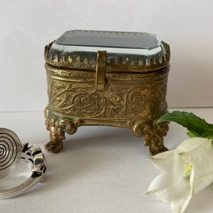 Antique French Ormolu and Beveled Glass Jewelry Casket, Rare Small Size  Ring/ Wedding Ring Casket