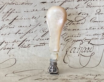 Antique French Silver Wax Seal Stamp, Mother of Pearl Handle, Seal Stamp with Monogram. Desk Accessory.