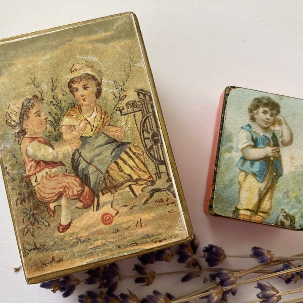 Antique Cardboard Jewelry Boxes with Lithographs of Victorian Children, Rare Jeweler's Gift Boxes from the Early 1900s.