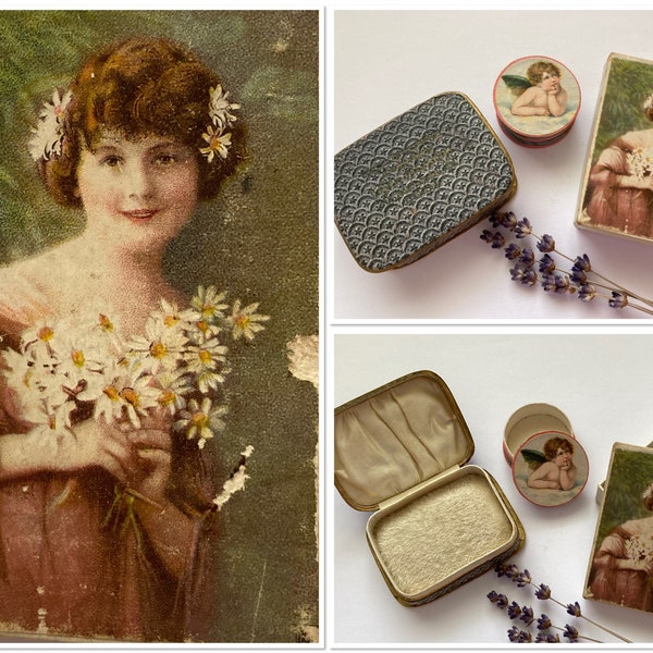 Boîtes à bijoux anciennes en carton avec lithographies, fillette avec fleurs de marguerite, chérubin de Rafaël, coffrets cadeaux de joaillier rares