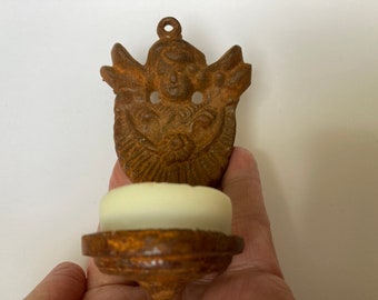 Vintage Cast Iron Cherub Wall Hanging Candle Holder, Rustic Small Angel Sconce Wall Candle Holder