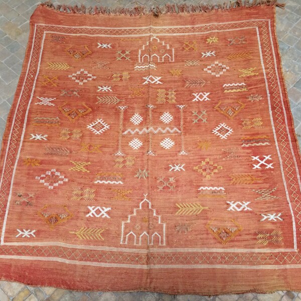 Vintage Rare Moroccan Cactus Silk Kilim "Sabra" Tribal Art, Handwoven, Wall hanging/ Rug.