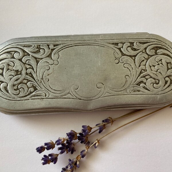 Antique Eyeglass Case, Aluminium Pince Nez Eye Glass Case, Cartouche and  Repousse Art Nouveau  Design with Leaf Motifs