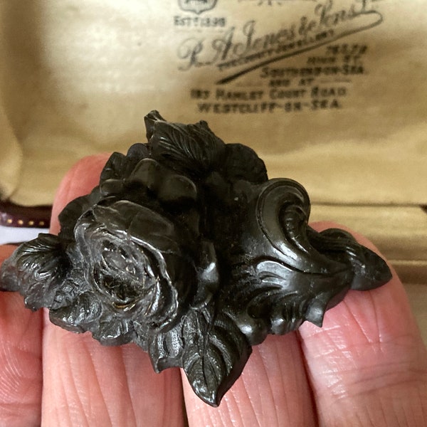 Victorian Mourning  Brooch, Floral Carved Gutta Percha with Rose, Antique  Black Mourning Jewelry, 1800s