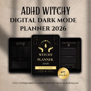 Puede incluir: Un planificador digital con tema de modo oscuro, con el texto "ADHD Witchy Digital Dark Mode Planner 2026". El planificador tiene un fondo negro con detalles dorados e incluye una lista de viajes y páginas de reflexión diaria. El planificador tiene 407 páginas.