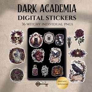 Puede incluir: Un conjunto de pegatinas digitales con temática de dark academia. Las pegatinas incluyen una calavera, un gato negro, una telaraña, un corazón, una mariposa, un cuervo, una llave y una calabaza. El texto "DARK ACADEMIA DIGITAL STICKERS" está presente.