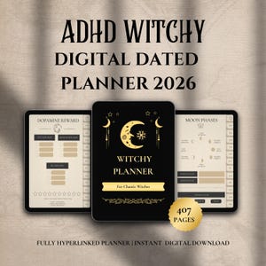 Puede incluir: Agenda digital fechada para 2026 con temática de brujas. La agenda presenta una portada negra con un diseño de luna creciente dorada y el texto "Witchy Planner". La agenda incluye páginas para recompensas de dopamina y fases lunares. La agenda tiene 407 páginas.