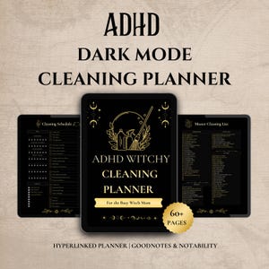 Puede incluir: Un planificador de limpieza digital en modo oscuro ADHD con tres pantallas de tableta que muestran un horario de limpieza, una lista maestra y una portada con arte lineal dorado de artículos de limpieza, fases lunares y el texto ADHD WITCHY CLEANING PLANNER.