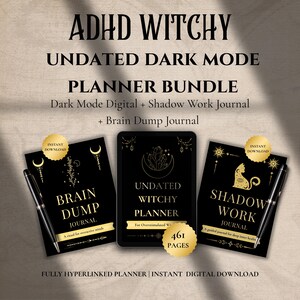 Puede incluir: Un paquete de planificador ADHD Witchy en modo oscuro sin fecha. El paquete incluye un planificador digital en modo oscuro, un diario de trabajo de sombras y un diario de volcado cerebral. Los diarios son negros con detalles y texto dorados.
