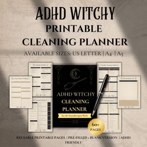 Puede incluir: Un planificador de limpieza imprimible con el texto "ADHD Witchy Cleaning Planner" en un diseño negro y dorado. El planificador incluye varias páginas para programar y listas de verificación, con el texto "For the Neurodivergent Witch". Disponible en tamaños US Letter, A4 y A5.