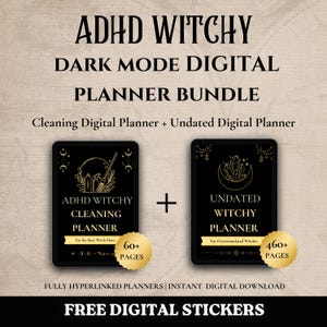Puede incluir: Un paquete de planificadores digitales con dos portadas negras y arte lineal dorado. El planificador izquierdo se titula ADHD WITCHY CLEANING PLANNER con 60+ páginas. El planificador derecho se titula UNDATED WITCHY PLANNER con 460+ páginas.