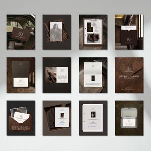 Könnte beinhalten: Eine Sammlung von zwölf dunkelbraunen und cremefarbenen Schreibwaren, darunter Visitenkarten, Umschläge und Dokumente mit dem Logo von Oliver Anthony. Das Set zeigt verschiedene gedruckte Fotos, Texte und Markenelemente auf strukturiertem Papier.