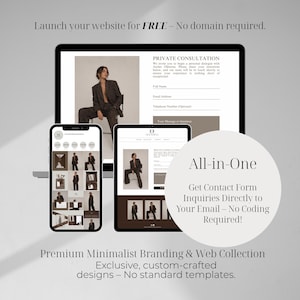 Könnte beinhalten: Eine digitale Anzeige mit einer Website-Oberfläche auf einem Laptop, Tablet und Smartphone. Die Bildschirme zeigen ein privates Beratungsformular, ein Bildraster und Text, einschließlich Launch your website for FREE und All-in-One.