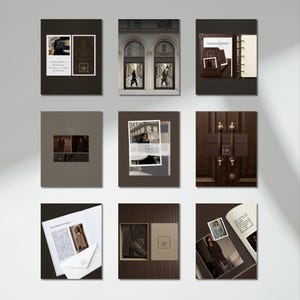 May include: A collection of nine rectangular cards featuring dark brown and beige tones, displaying various photographic prints of architectural scenes, interior details, a leather planner, a wooden door with brass handles, and printed text.