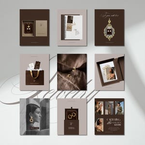 Könnte beinhalten: Eine Sammlung von neun Werbekarten mit Schmuckstücken wie goldenen Creolen, Perlenketten und Anhängern. Die Karten zeigen verschiedene Produktverpackungen, Geschenktüten und Lifestyle-Fotografien mit Textüberlagerungen wie To you with love.