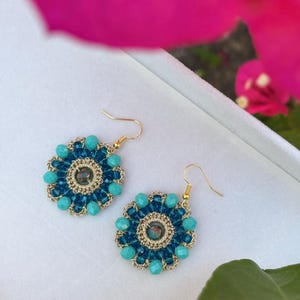 Orecchini Doppi Cerchi In Cotone Uncinetto – Verde Acqua E Marrone, Con Ganci In Argento 925, Fatti A Mano - 4