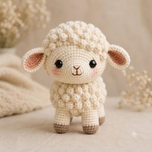 May include: A cream-colored crochet sheep toy featuring a textured, bobble-stitch wool body, large black safety eyes, a stitched brown nose and mouth, and soft pink blush on the cheeks. The ears are lined with light pink, and the hooves are brown.
