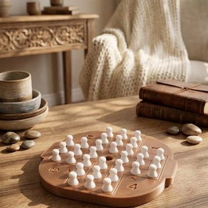 May include: A brown wooden board game with white pegs arranged in a grid pattern. The game sits on a wooden table, with other decorative items in the background, including books and pottery.