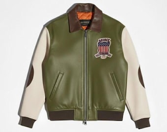 Avirex Grüne Leder Bomberjacke Herren Vintage Varsity Fliegerjacke Echtleder Fliegermantel