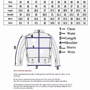 May include: A Gents Size Chart featuring a table of measurements from XS to 6XL for chest, waist, length, shoulder, sleeve, and wrist. Below the table is a line drawing of a jacket with numbered arrows indicating measurement points and instructions.