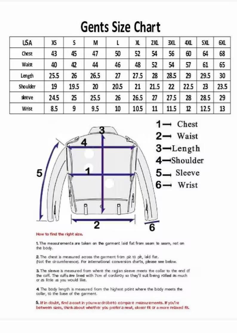 May include: A Gents Size Chart featuring a table of measurements from XS to 6XL for chest, waist, length, shoulder, sleeve, and wrist. Below the table is a line drawing of a jacket with numbered arrows indicating measurement points and instructions.