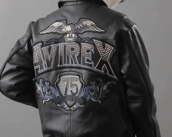 Avirex 75th Anniversary Aviators King Black Leather Jacket Cowhide Leather Eagle Back Patch Vintage Varsity Style Avirex Streetwear Jacket