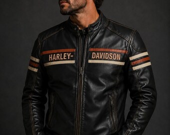 Harley Davidson Motorradjacke aus schwarzem Leder für Herren | Vintage Biker Rennjacke | Reitermantel aus echtem Leder