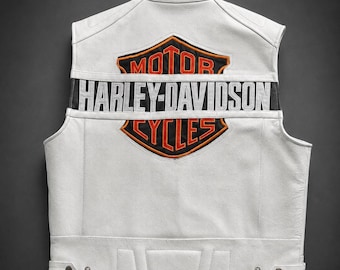 Harley Davidson Motorradweste aus weißem Leder Unisex Biker Reitweste Gestickter Rücken Aufnäher Rider Geschenk