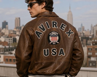 Kurtka Avirex USA Skórzana Varsity Unisex Vintage Brązowa Kurtka Bomber Oryginalna Skórzana Odzież Ochronna Streetwear