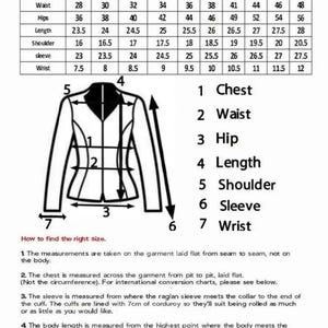 May include: A black and white size chart for clothing featuring a table with measurements in inches for sizes XS through 6XL. A line drawing of a jacket illustrates measurement points for chest, waist, hip, length, shoulder, sleeve, and wrist.