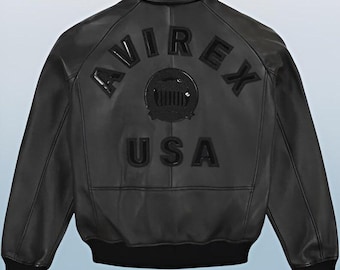 AVIREX USA Black Leather Varsity Jacket – Classic American Retro Streetwear