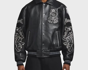 Avirex Gothic New York Black Leather Varsity Jacket Mens – Embroidered Crest Log