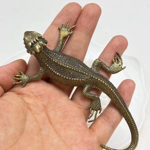 Puede incluir: Una figura de lagarto de metal color bronce con una superficie texturizada y rugosa. El lagarto se muestra en posición de gateo con cuatro patas extendidas y una cola larga y delgada que se curva hacia abajo. Acabado de aspecto antiguo.