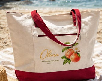 Personalized Peach Canvas Tote — Custom Name Beach, Pool & Picnic Bag