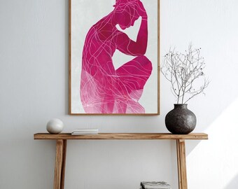 Lámina abstracta de figura femenina – Póster de arte minimalista de líneas corporales en magenta