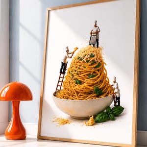 May include: A framed wall art print featuring a large white bowl filled with a tall mound of spaghetti, green basil leaves, and grated cheese. Three miniature chefs in white uniforms are shown interacting with the pasta using tools.